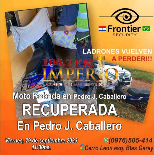 Motocicleta hurtada de una vivienda fue hallada por medio de Frontier Security - Radio Imperio 106.7 FM
