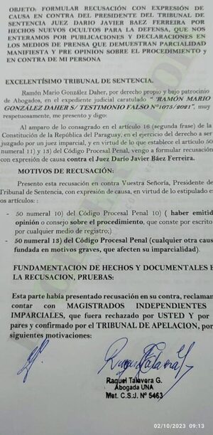 RGD recusa al juez Darío Báez por preopinión y parcialidad 