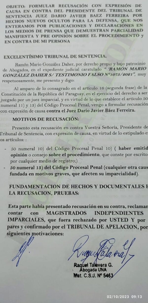 RGD recusa al juez Darío Báez por preopinión y parcialidad