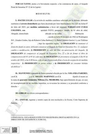 Conceden libertad ambulatoria a Payo Cubas