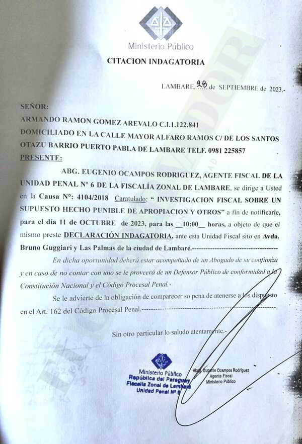 Convocan al exintendente de Lambaré Armando Gómez a indagatoria