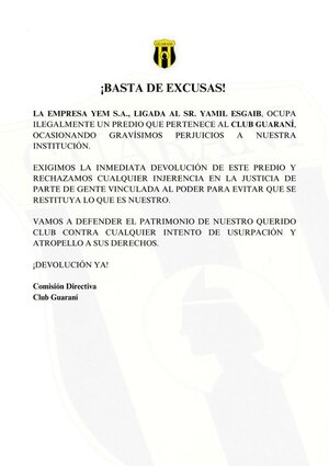 Club Guaraní exige a empresa de Yamil Esgaib devolver predio ocupado ilegalmente - El Trueno