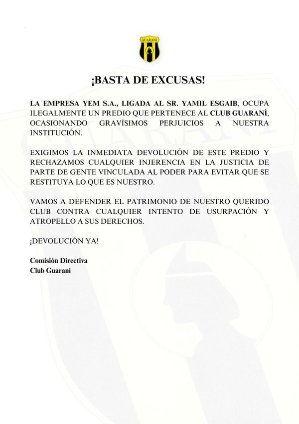 Club Guaraní exige a empresa de Yamil Esgaib devolver predio ocupado ilegalmente - El Trueno