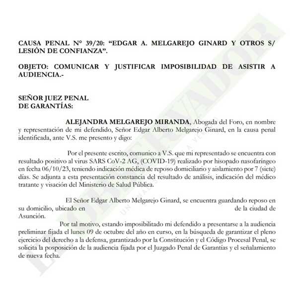 Por supuesto Covid-19, Édgar Melgarejo solicita suspender audiencia preliminar