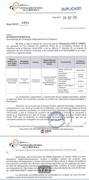 CGR realizará auditoría financiera y de cumplimiento a la Municipalidad de Carapeguá - Nacionales - ABC Color