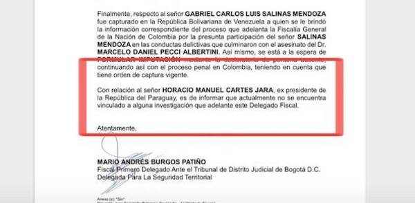 Fiscalía de Colombia aclara que Cartes no es investigado por caso del fiscal Pecci
