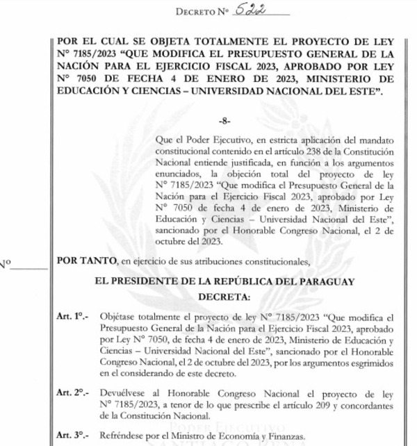 Peña veta aumento salarial para funcionarios y docentes de la UNE