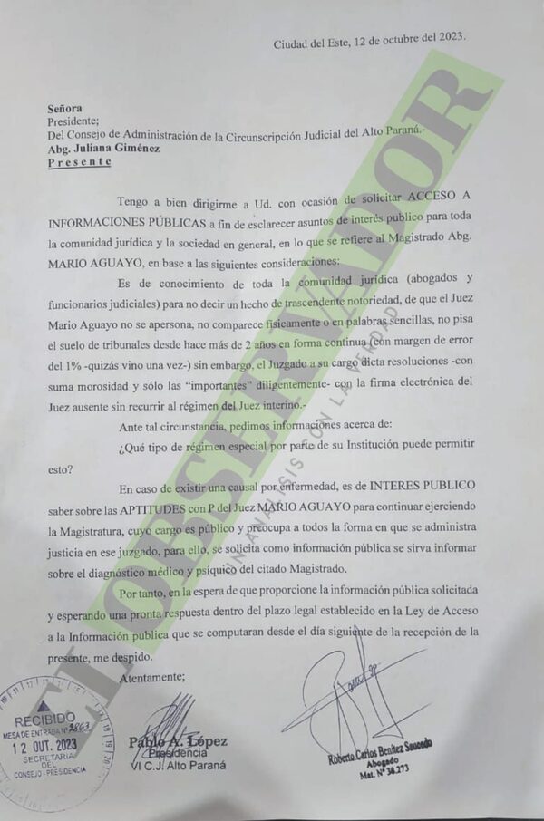 Hace dos años juez no acude a su despacho y abogado pide informe