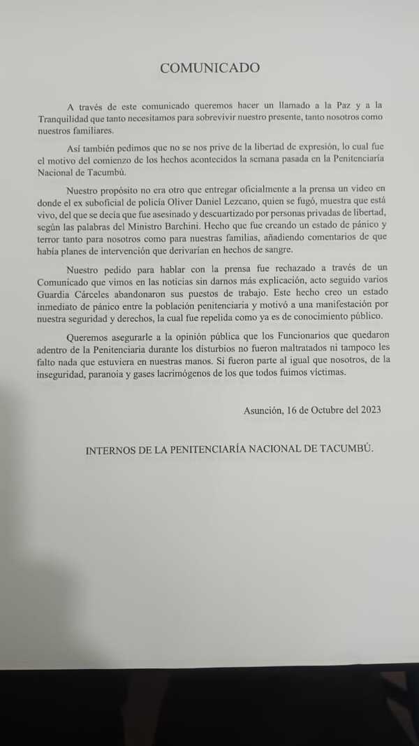 Internos de Tacumbú dicen que se les privó de su “libertad de expresión” | 1000 Noticias