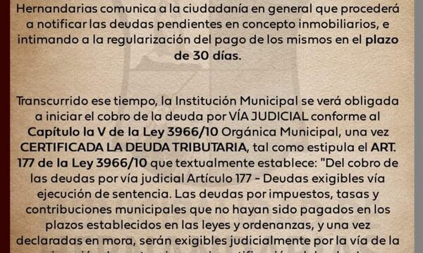 Notificarán a morosos de Hernandarias