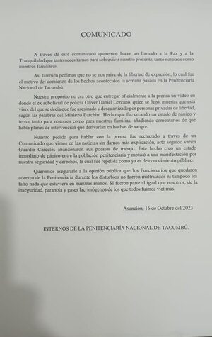 Reos de Tacumbú llaman “a la paz” y piden “libertad de expresión” - El Trueno