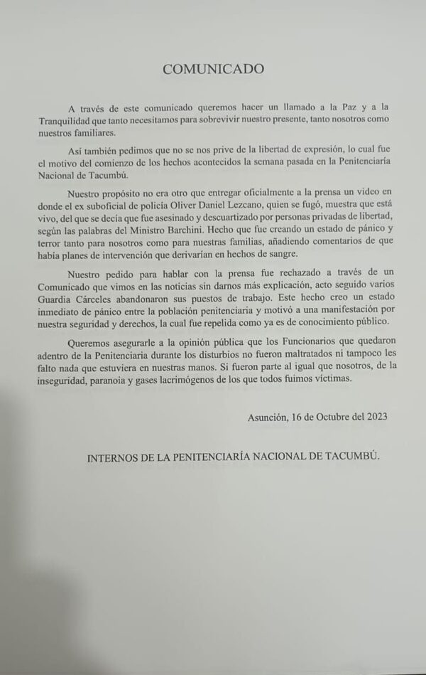 Reos de Tacumbú llaman “a la paz” y piden “libertad de expresión” - El Trueno