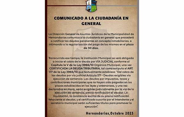 Comuna hernandariense notificará a morosos de impuestos inmobiliarios | DIARIO PRIMERA PLANA