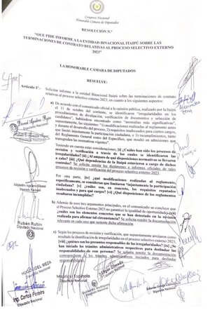 Diputados solicitan informe detallado sobre supuestas irregularidades en el Proceso Selectivo 2023 de Itaipú - El Trueno