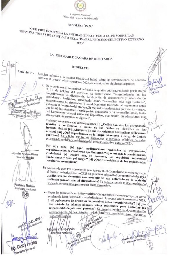 Diputados solicitan informe detallado sobre supuestas irregularidades en el Proceso Selectivo 2023 de Itaipú - El Trueno