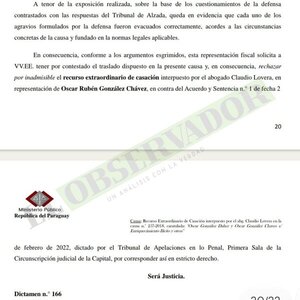 Fiscal adjunta rechaza casación y pide confirmación de condena a hijo de OGD 