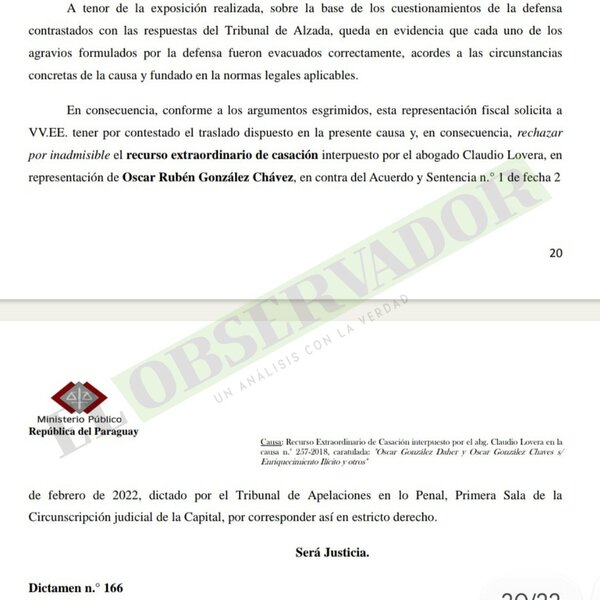 Fiscal adjunta rechaza casación y pide confirmación de condena a hijo de OGD