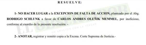 Rechazan por inoficioso incidente de excepción promovido por Oleñik Memmel