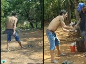 (VIDEO). Limpiavidrios adictos le dieron de tomar caña a un gatito bebé