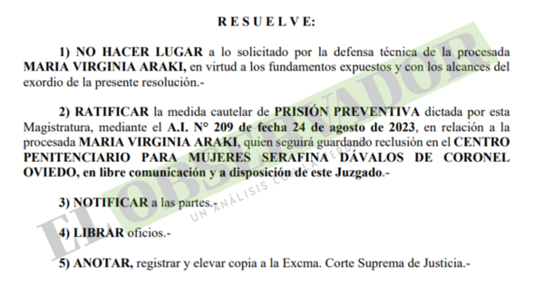 Por pronóstico de peligro de obstrucción, María Virginia Araki seguirá en prisión
