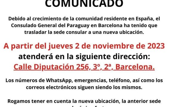 Consulado de Paraguay en Barcelona cambia de sede en noviembre
