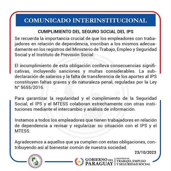Recuerdan importancia de inscripción en registros del MTESS y del IPS
