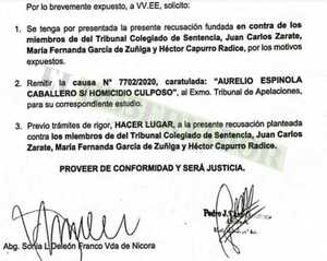 Viuda de Nicora recusa a Tribunal de Sentencia por vicios de parcialidad y falta de continuidad