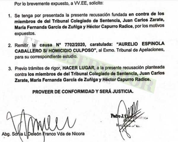 Viuda de Nicora recusa a Tribunal de Sentencia por vicios de parcialidad y falta de continuidad
