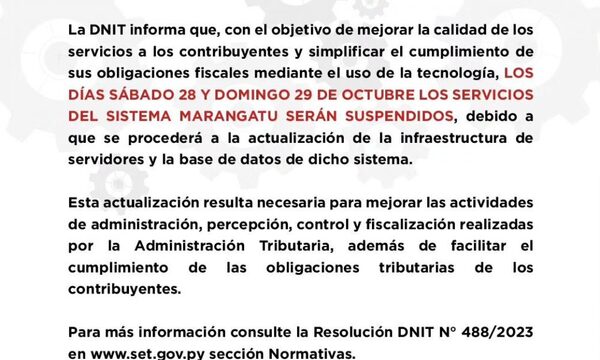 Marangatu con servicios suspendidos el 28 y 29 de octubre