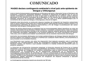 MADES declara contingencia ambiental a nivel país ante epidemia de Dengue y Chikungunya