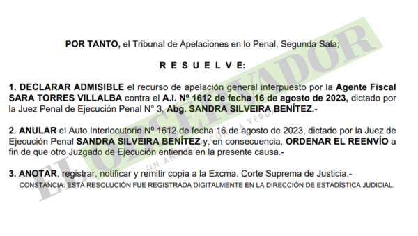Cámara anula llamativo permiso para trabajar a condenado por tráfico de armas, otorgado por jueza de Ejecución 