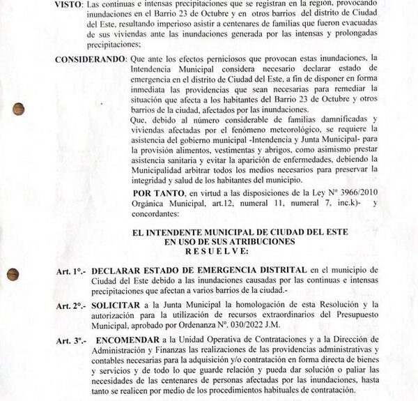 Declaran emergencia distrital ante inundaciones en CDE