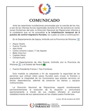 Puestos fronterizos de Migraciones inhabilitados temporalmente por la crecida del río Paraná