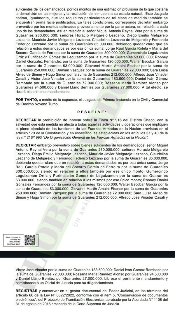 Blindan finca 916 y ordenan embargo de bienes por G 1.800 millones de ocupantes VIP