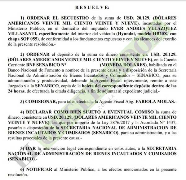Ordenan secuestro de dinero perteneciente a prófugo por hallazgo de cocaína en Villeta