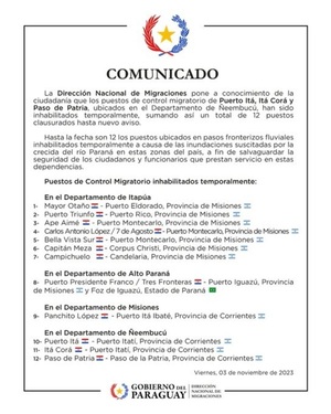 Migraciones inhabilita puestos fronterizos en Ñeembucú