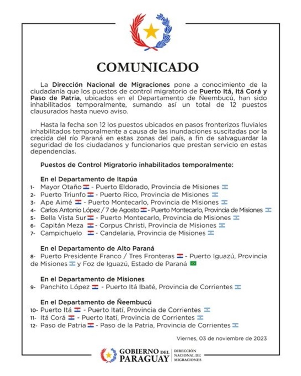Migraciones inhabilita puestos fronterizos en Ñeembucú