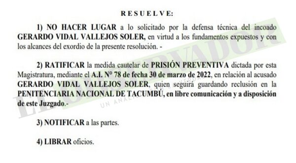 Ratifican prisión preventiva para acusado por tráfico ante falta de garantías