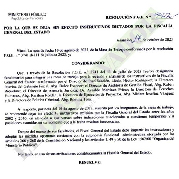 Fiscal General deja sin efecto 47 instructivos catalogados como innecesarios