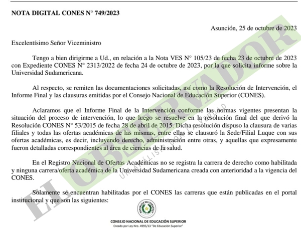 Cones ratifica al MEC que filial donde egresó Rivas se cerró en abril de 2015