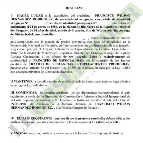 Autorizan extradición de uruguayo requerido en su país por tráfico de drogas