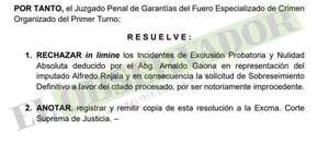 Rechazan incidentes de imputado por planteos inviables e improcedentes