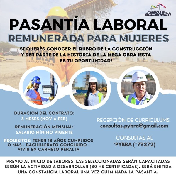 Mujeres podrán realizar pasantía remunerada en obras de Bioceánica - ADN Digital