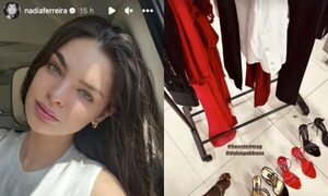 Nadia Ferreira prepara producción de fotos, vestida de Dolce & Gabbana