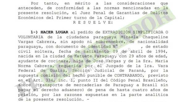 Paraguaya será extraditada al Brasil, donde es buscada por contrabando