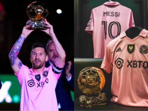 Lionel Messi enseñando su octavo Balón de Oro a la gente de Miami