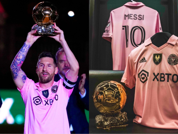 Lionel Messi enseñando su octavo Balón de Oro a la gente de Miami