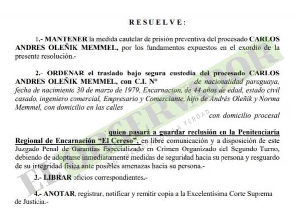 Carlos Oleñik será trasladado a la cárcel de Encarnación