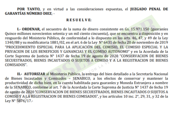 Senabico administrará dinero incautado de presunto distribuidor de drogas del clan Rotela