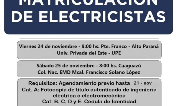 ANDE realizará examen para matriculación de electricistas en el Este